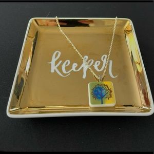 Fused Glass Pendant with Tree of Life Image Blue/Yellow